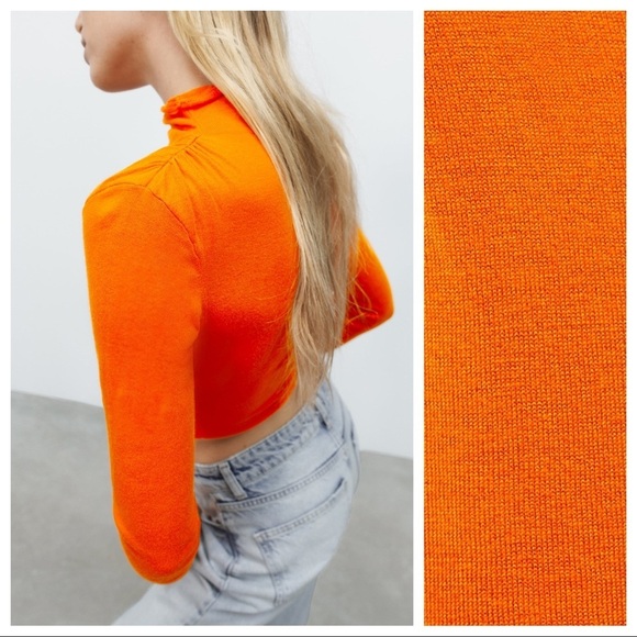 NWT. Zara Orange Ruched Shoulders Knit High Collar Sweater. Size S. - Picture 3 of 8